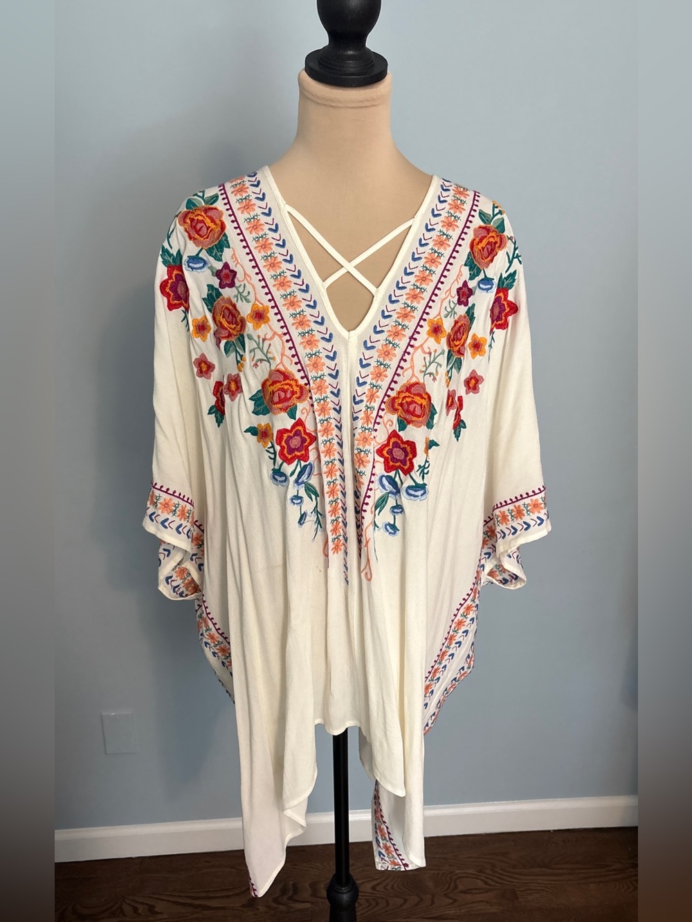 Embroidered V-Neck Boho Tunic Top - Cream with Multicolor Floral